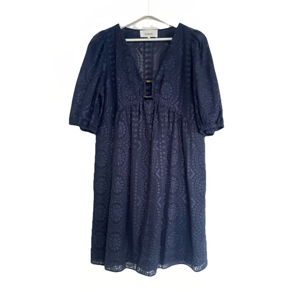 Ba&sh Brancia Short Navy Dress Flared Eyelet Sz M US 6 Quiet Luxury V Neck  $345 - Picture 8 of 16